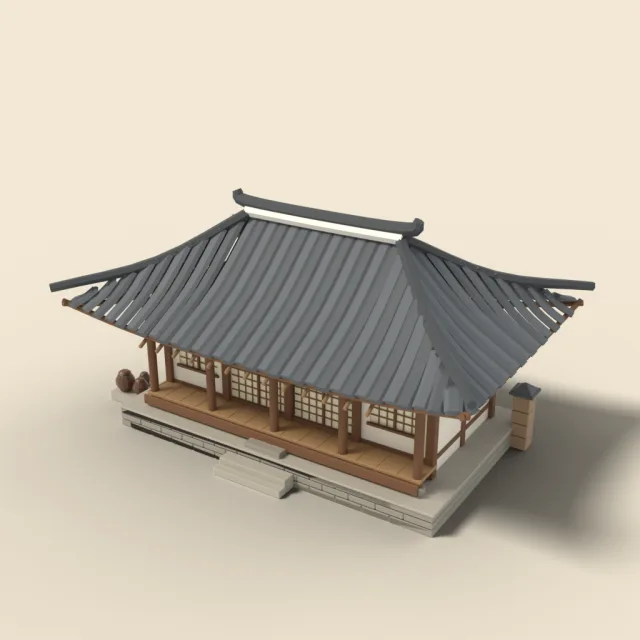 Korean hanok with curved tile roof