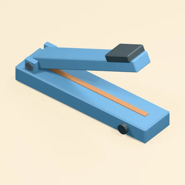 Hinged impulse bag sealer with exposed sealing strip and pressure arm