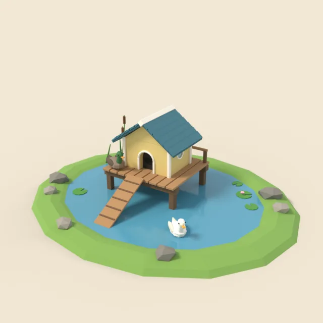 Duck house on pond platform