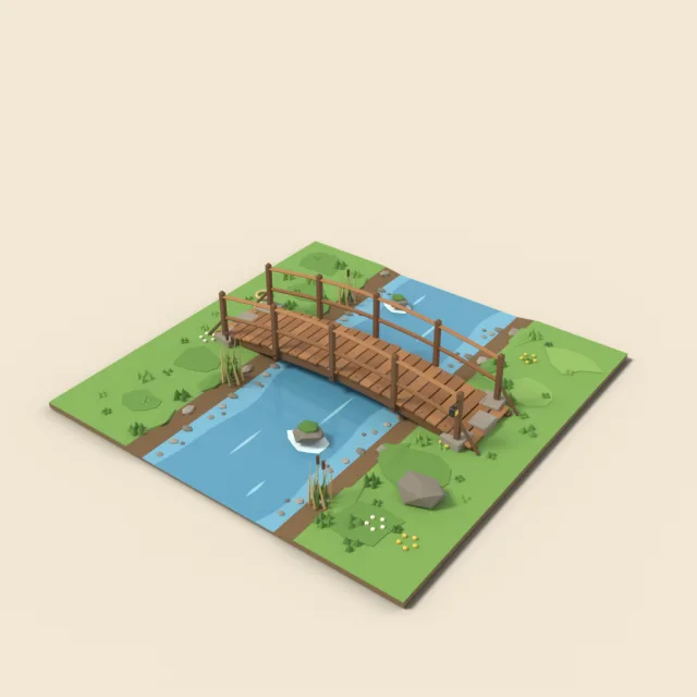 Shallow stream with wooden footbridge tile