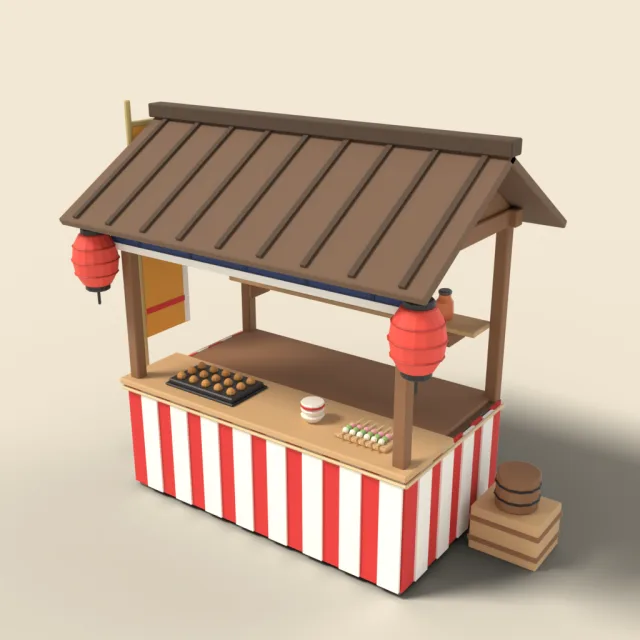 Festival stall with red and white curtain