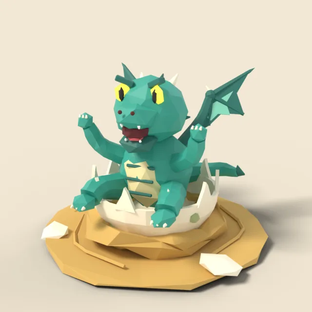 Baby dragon sitting on egg shell