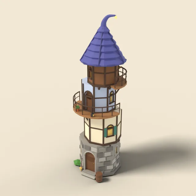 Crooked wizard tower with balconies