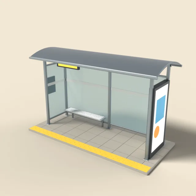 Glass city bus shelter with steel roof