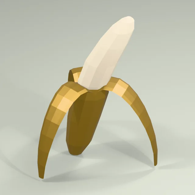 Peeled banana with three folded attached peel sections
