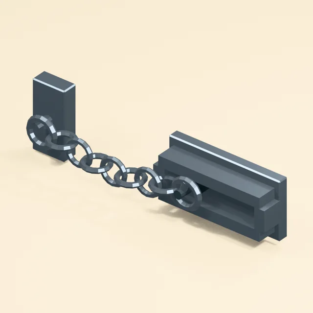 Door security chain with fixed anchor and slotted sliding keeper