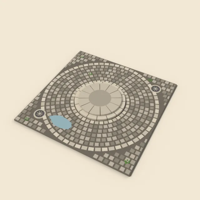Cobblestone plaza center with fountain base