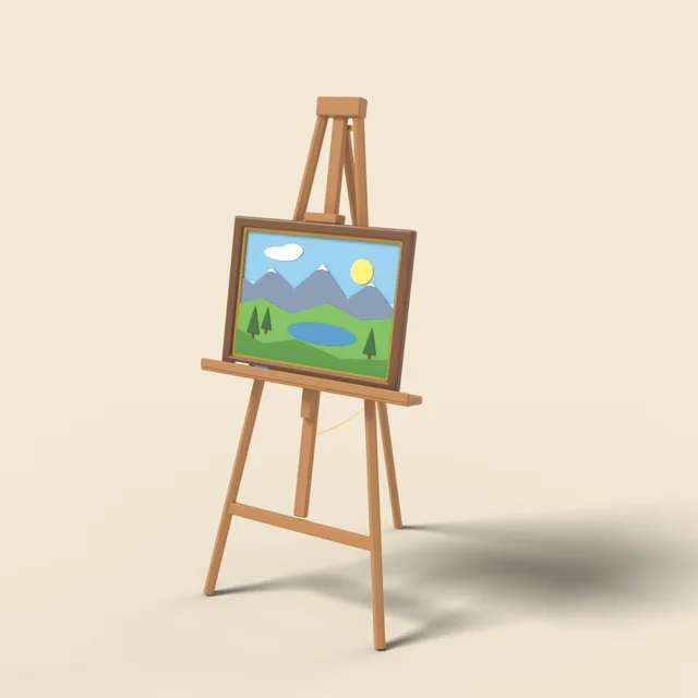 Framed landscape painting on easel