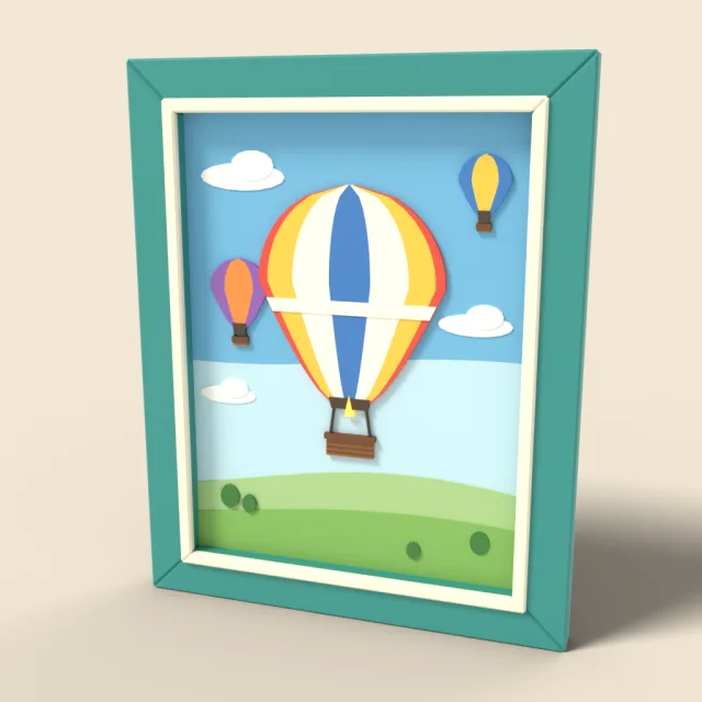 Framed hot air balloon painting
