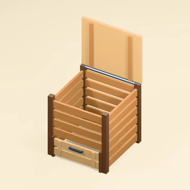Ventilated wooden compost bin with raised lid and removal hatch