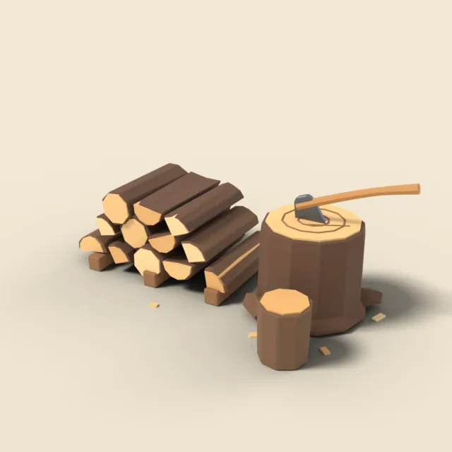 Firewood pile with chopping block