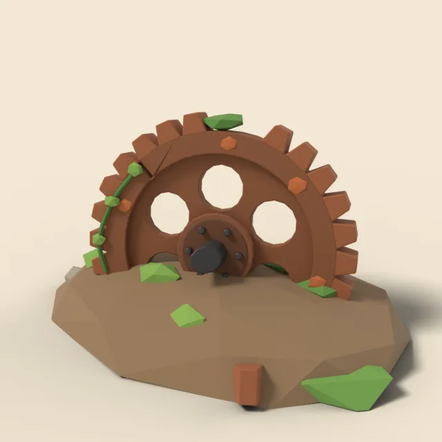 Half-buried rusted giant gear