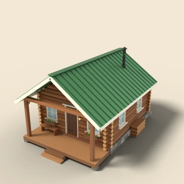 Log cabin with green metal roof