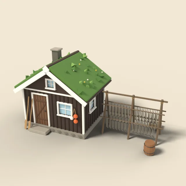 Fishing hut with drying fish rack