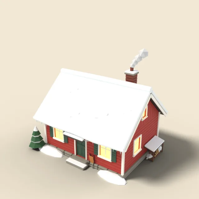 Snowy red cottage with lit windows