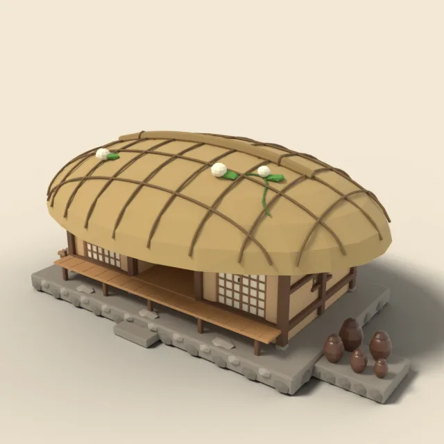 Korean thatched farmhouse with mud walls