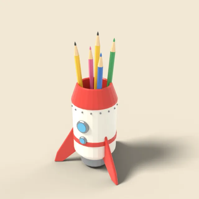 Pencil holder shaped like a rocket