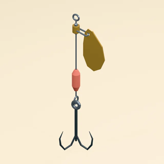 Inline fishing spinner with pierced blade and three-prong hook