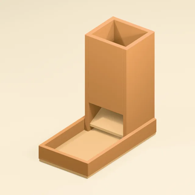 Open-top dice tower with alternating ramps and catch tray