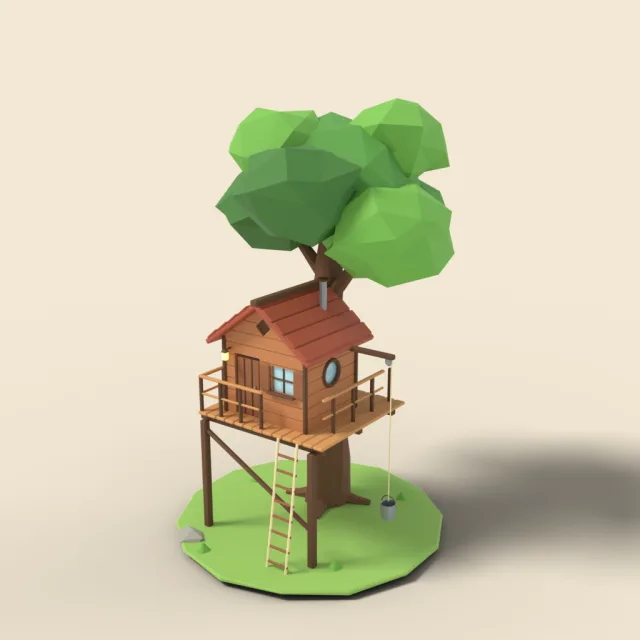 Treehouse with rope ladder