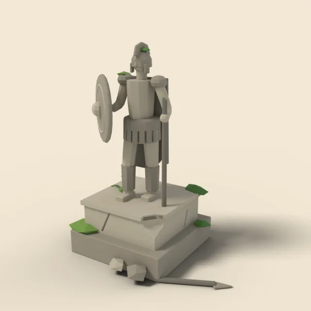Weathered warrior statue with broken spear