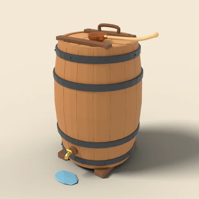 Water barrel with wooden lid and ladle