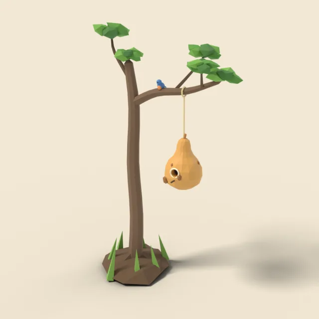 Gourd birdhouse hanging from branch