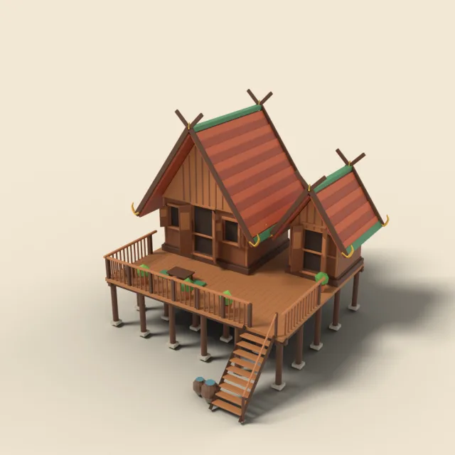 Thai teak house with steep gables