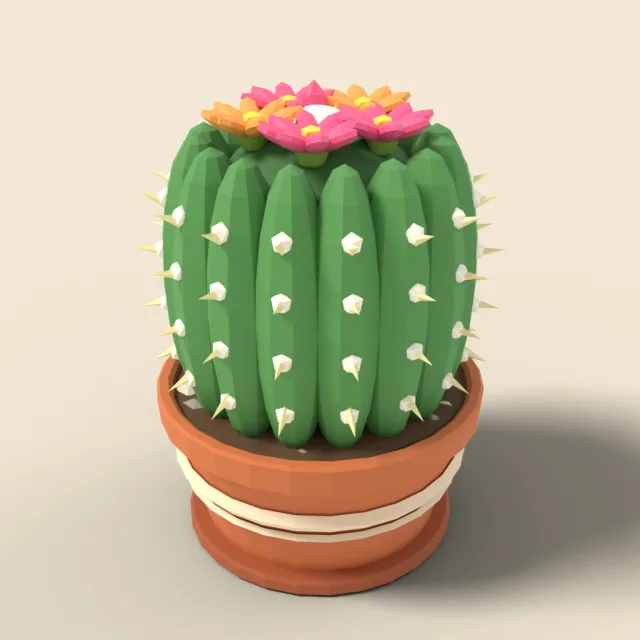 Potted barrel cactus with flowers