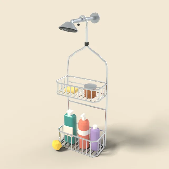 Hanging chrome shower caddy with bottles