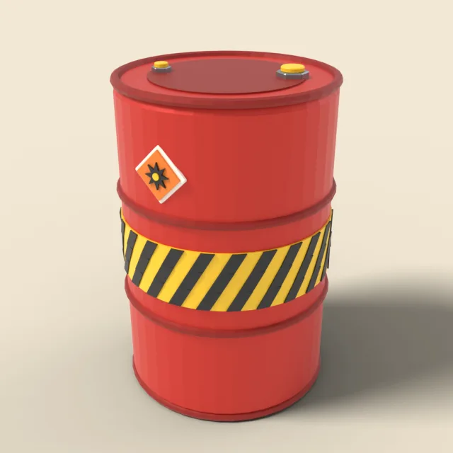 Explosive red barrel with hazard stripes