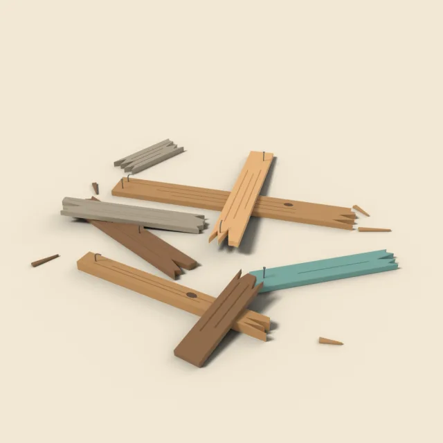 Scattered broken wooden planks