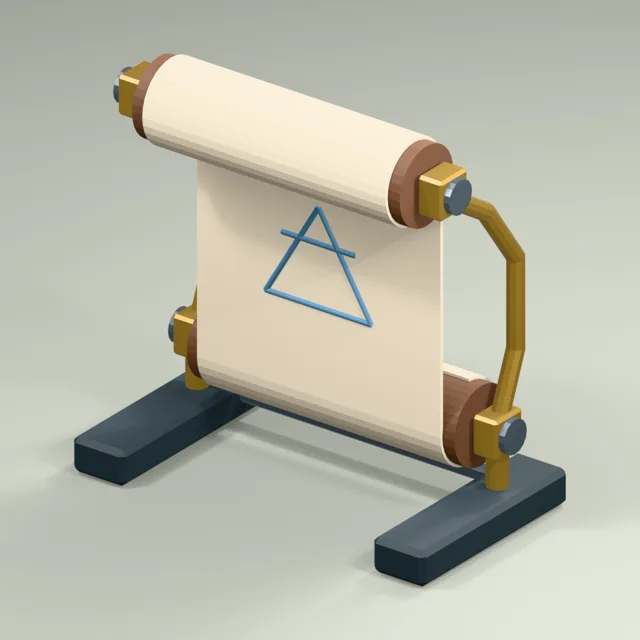 Captive S-scroll spell engine with continuous parchment and retained spool carrier