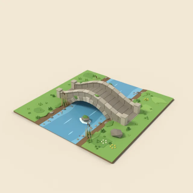 Shallow stream with stone arch bridge