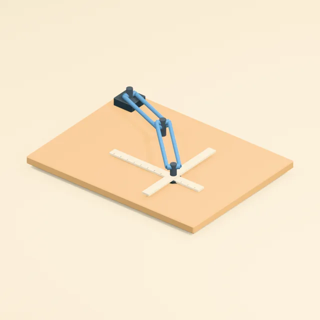 Desktop drafting machine with jointed arms and perpendicular rulers