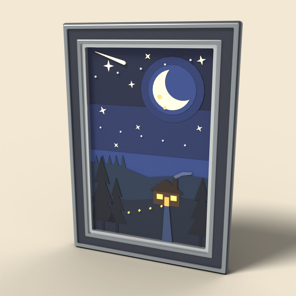 Framed night sky painting with crescent moon