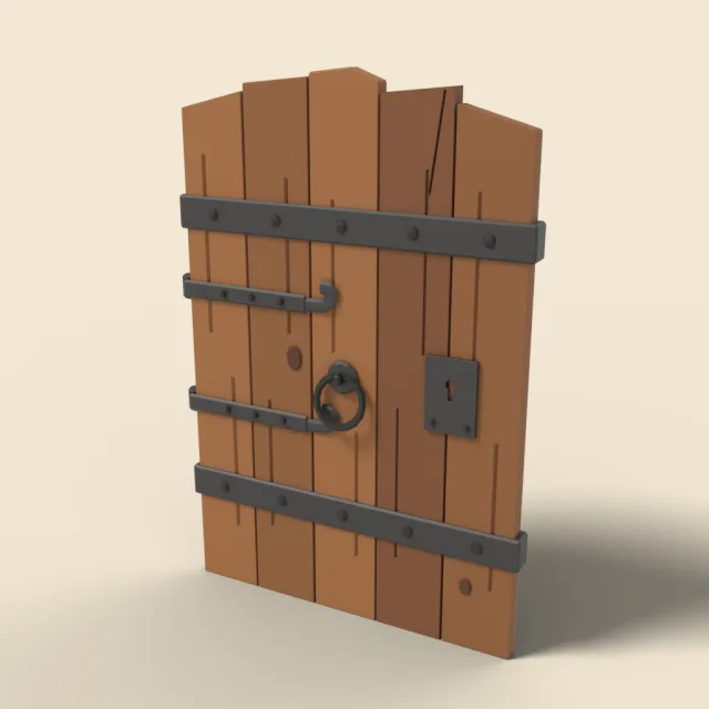 Plank door shield with iron bands