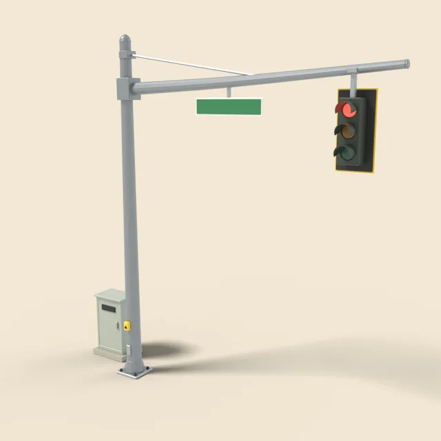 Three lamp traffic signal on cantilever arm