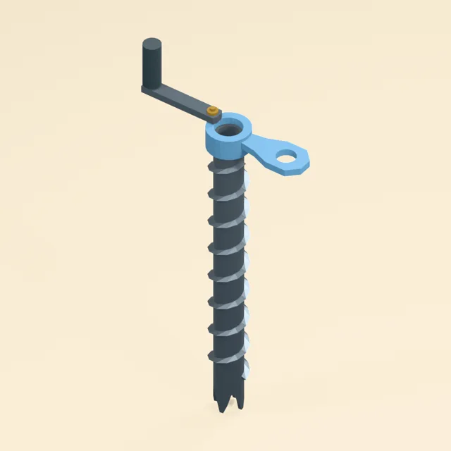Hollow four-tooth ice screw with hanger eye and folding crank