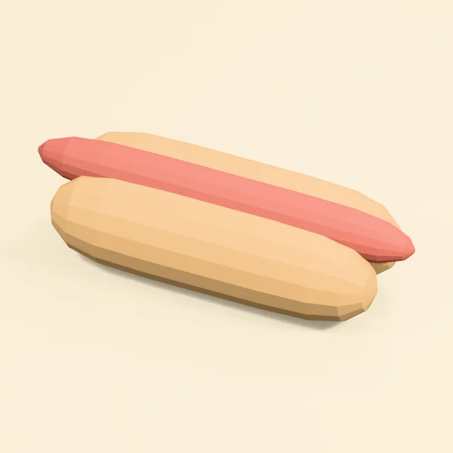Hot dog with rounded sausage in split soft bun