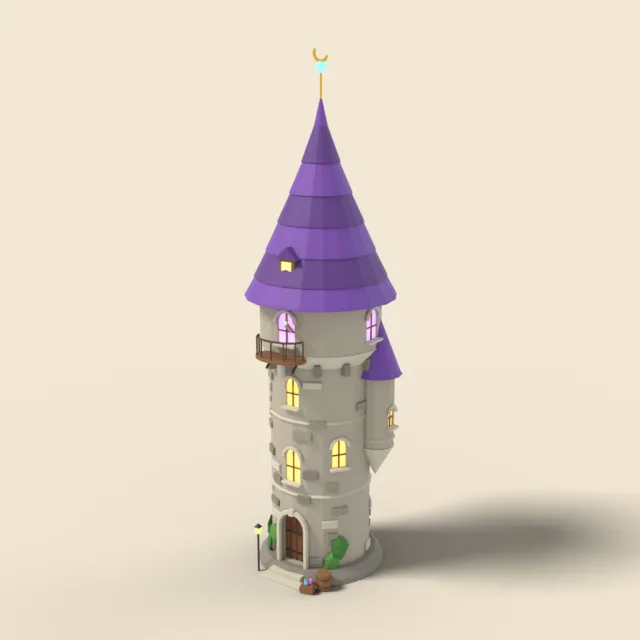 Wizard tower with purple pointed roof