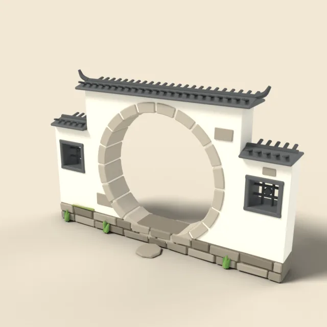 Whitewashed garden wall with moon gate