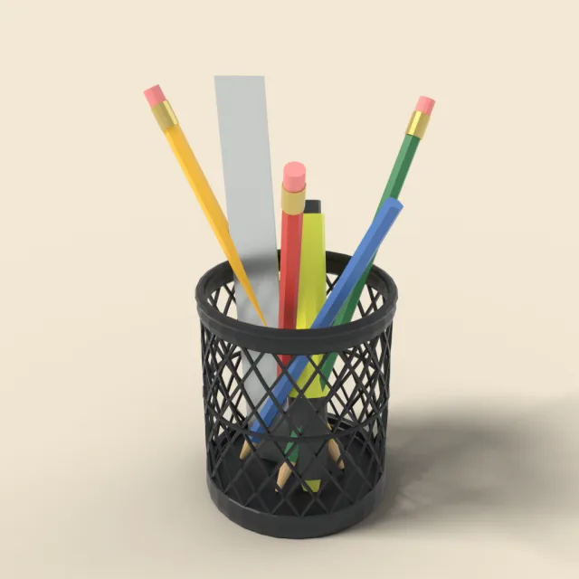 Mesh pen cup with pencils