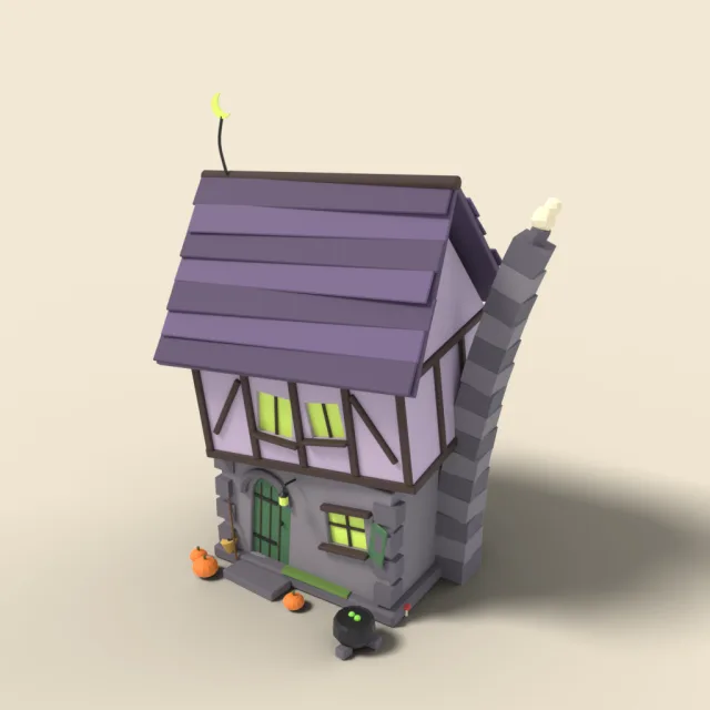 Crooked witch cottage with leaning chimney