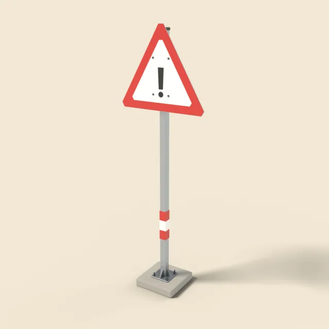 Triangular warning sign on post