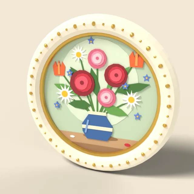 Round framed floral painting