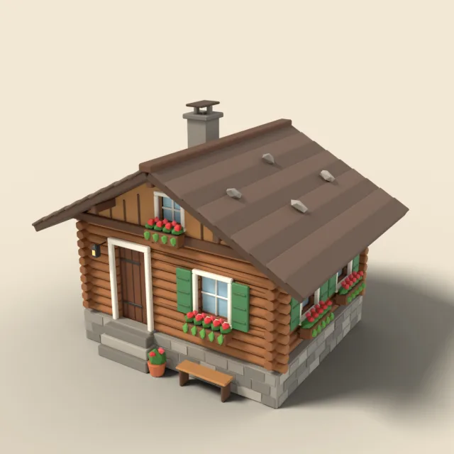 Small alpine chalet with flower boxes