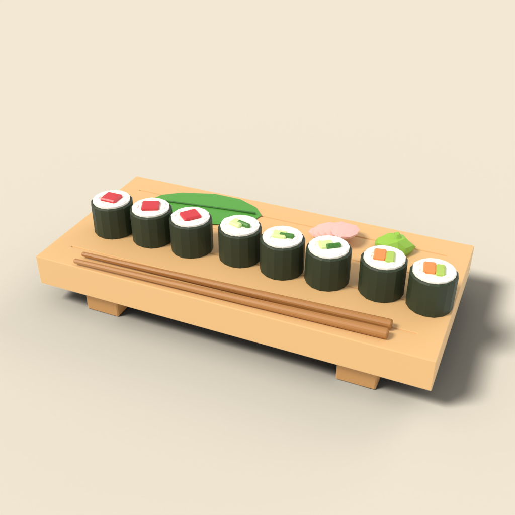 Maki roll pieces on a board