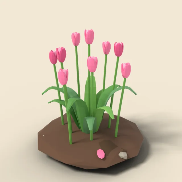 Pink tulip clump with green leaves