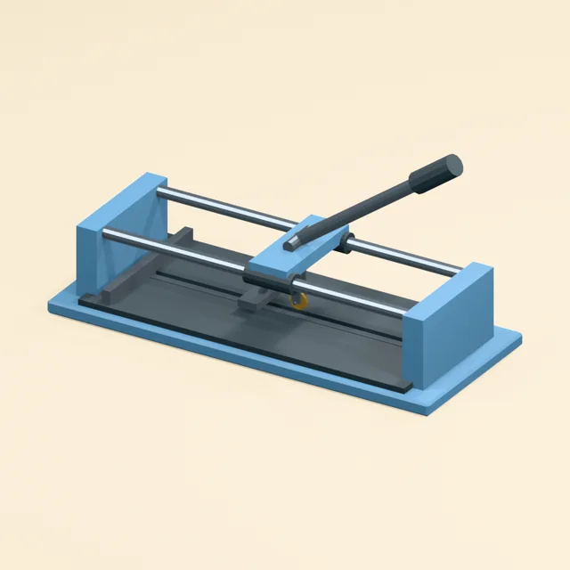 Rail guided manual tile cutter with scoring wheel and breaker foot